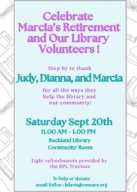 Celebrate Marcia Wheeler's Retirement and Library Volunteers