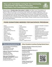 Food donations for Mary Lyon Foundation BackPack Program