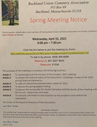 Buckland Union Cemetery Assoc. Spring Meeting